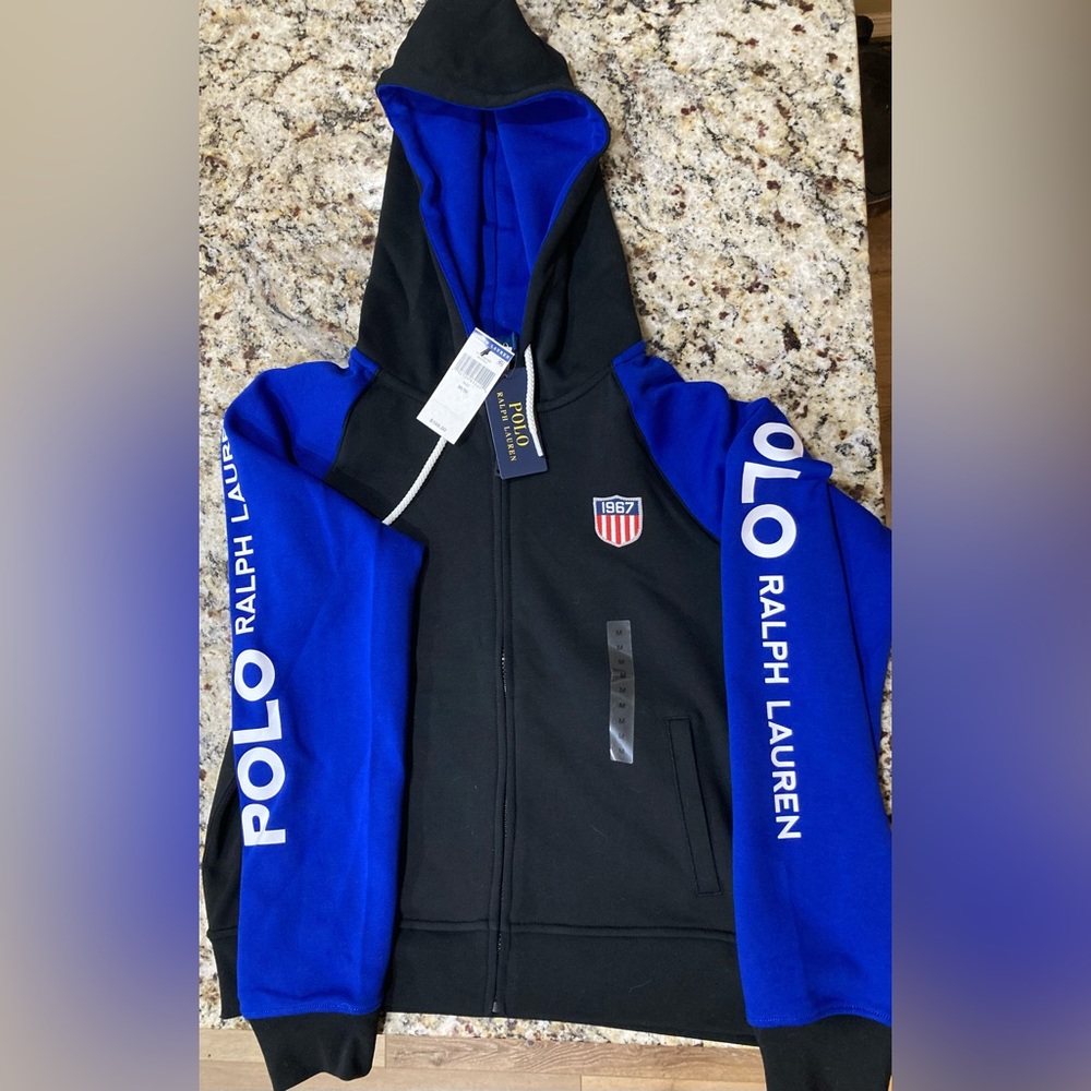 POLO RALPH LAUREN 1967 Colorblock Full Zip Hoodie Medium Women Black Blue NWT